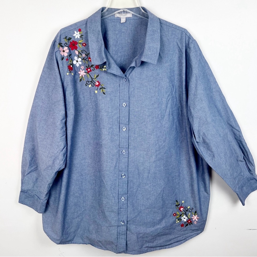 Woman Within Chambray Embroidered Cotton Button Down Shirt 3X Coastal Floral